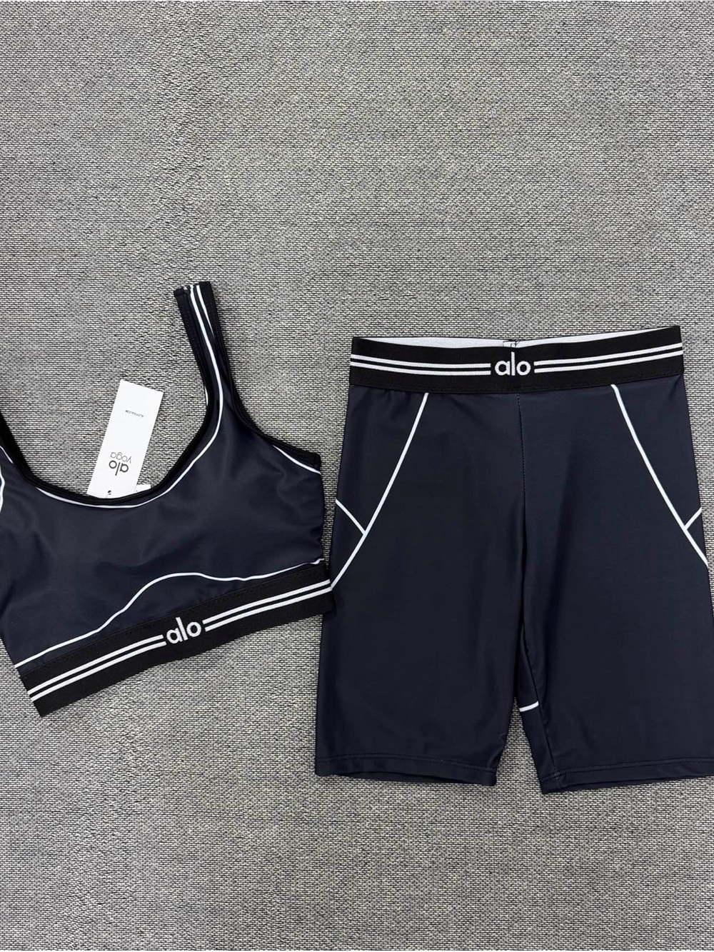 ALO Yoga Kids Black Swim Crop Top & Biker Shorts Set with White Trim